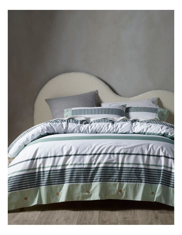 Vue Porter Stripe Cotton Quilt Cover Set Dusky Green 3 Vue Porter Stripe Cotton Quilt Cover Set Dusky Green