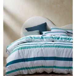 Vue Lincoln Stripe Cotton Quilt Cover Set In Green/White