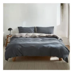 Cosy Club Cotton Duvet Queen Quilt Cover Set In Blue/Dark Grey